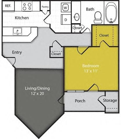 a rendering of a floor plan of a 1-bedroom apartment home at the eclipse apartments duluth ga